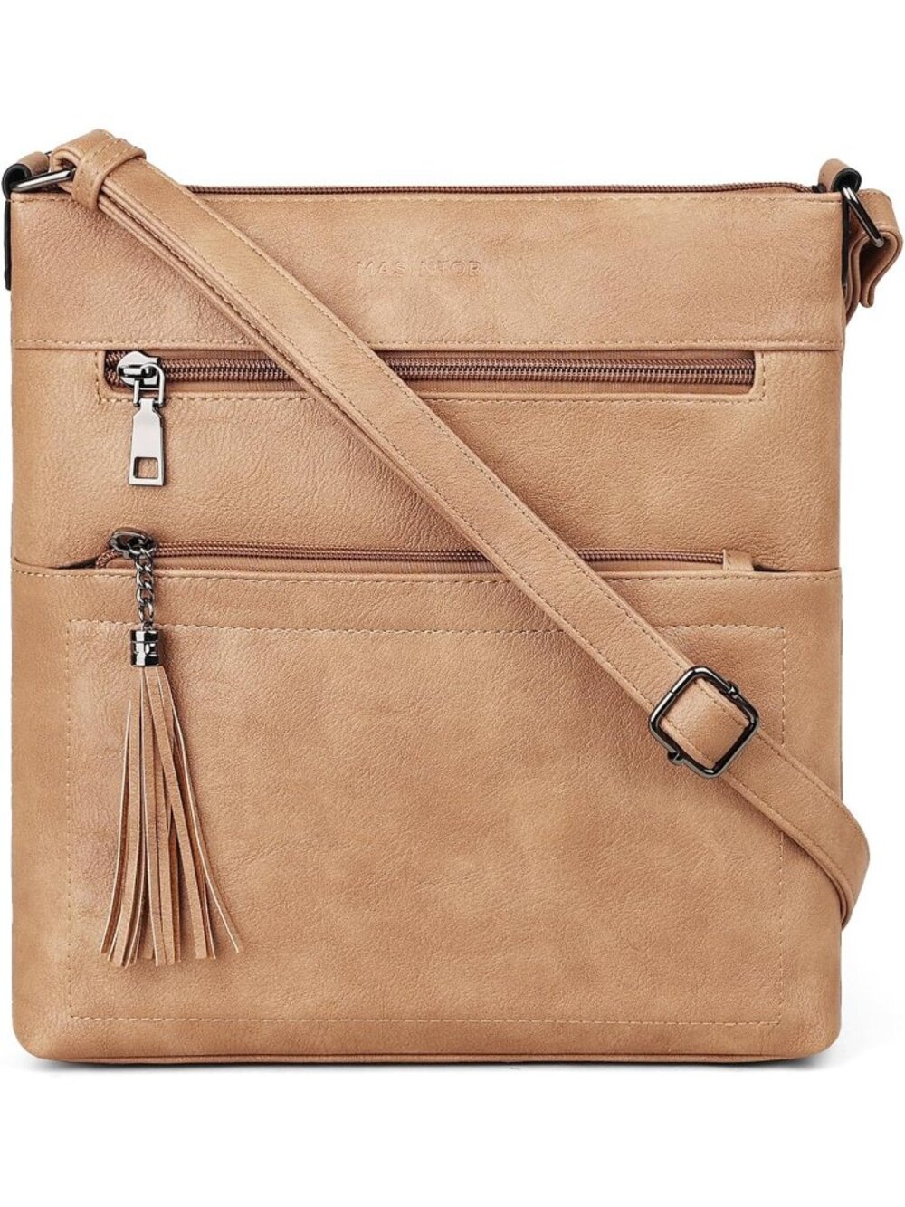 Women's Camel Multi Pocket Crossbody Bag Trendy Tassel With Adjustable Strap